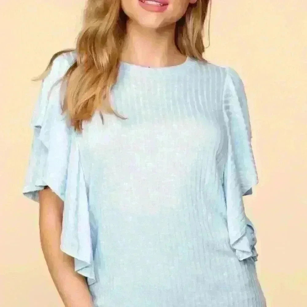 Baby Blue Ribbed Double Flutter‎ Short Sleeve Top - Picture 2 of 6